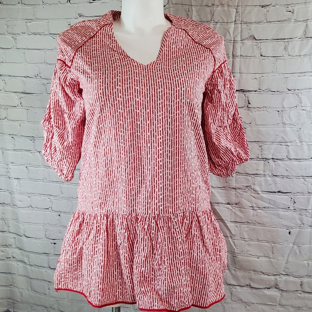Zara Basic Embroidered Eyelet Striped Tunic Dress  Size Medium Red White